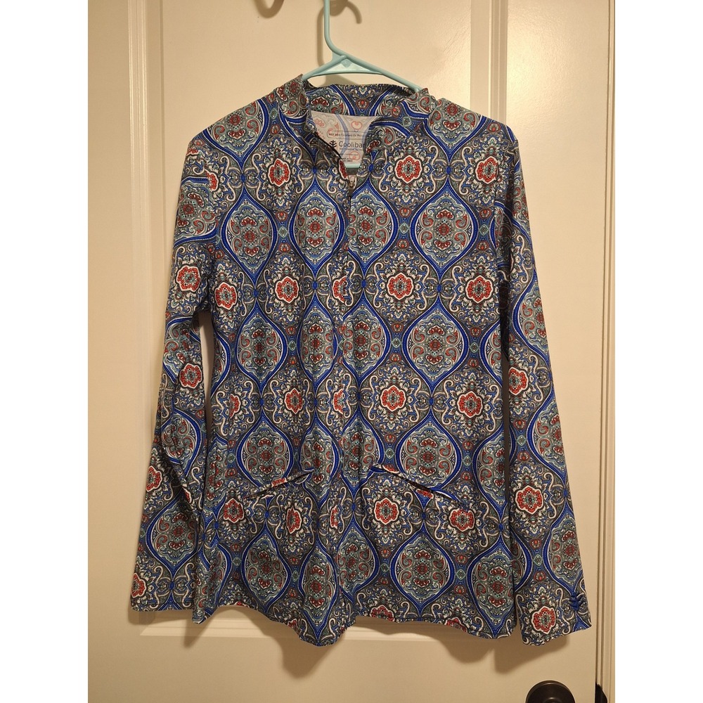 Coolibar Womens UPF 50+ Sun Protection Quarter Zip Top Blue Paisley Print Size L